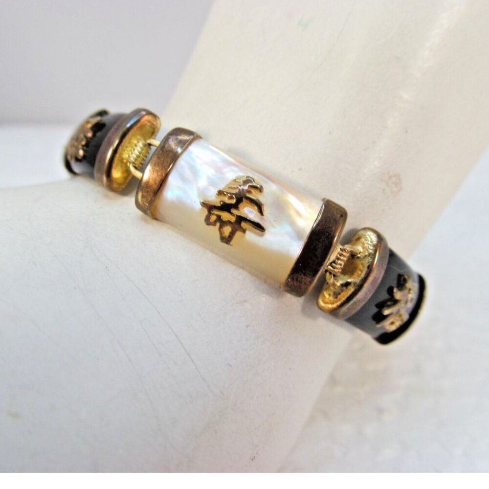 Vintage Mother of Pearl Asian Symbol Link Bracelet Signed JC